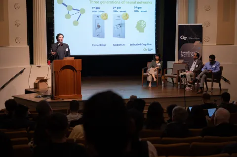 Psychology Chair Tansu Celikel presents his research during Frontiers in Science.