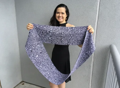 Elisabetta Matsumoto with a scarf that represents cellular automata, a mathematical construct depicting a system's evolution over time. (Photo Elisabetta Matsumoto)