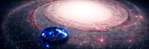 The Galaxy in neutrinos (blue sky map) in front of an artist's impression of the Milky Way. (IceCube Collaboration/Science Communication Lab for CRC 1491)
