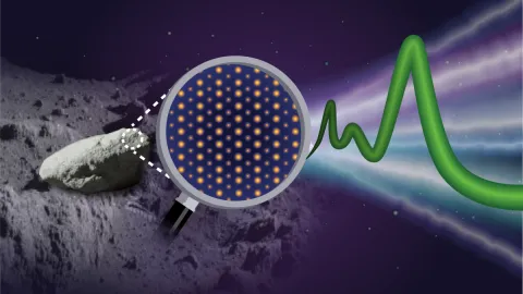 An illustration of the Apollo rock 75035 on the Moon, an atomic image of the sample, and its spectral signature. (Credit: August Davis)