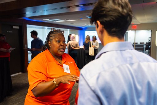 Syensqo Senior Talent Acquisition Partner Julie Murphy spoke to students about internship, co-op, and full-time opportunities available to students majoring in scientific fields.