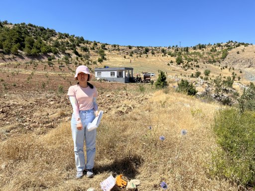 Georgia Tech graduate student Chang Ding pointing at a deployed seismic node in Southern Turkey